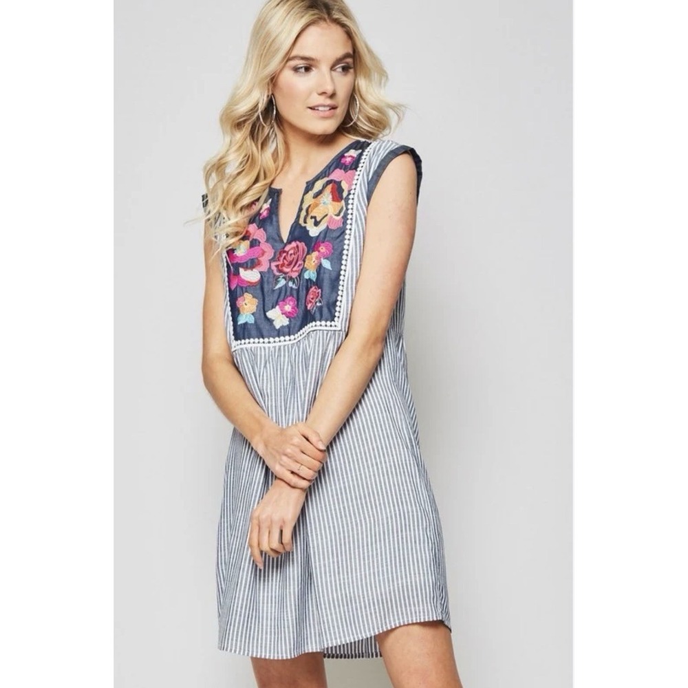 Savanna Jane Mini Dress Peasant‎ Embroidered Striped Floral Blue Bohemian Small